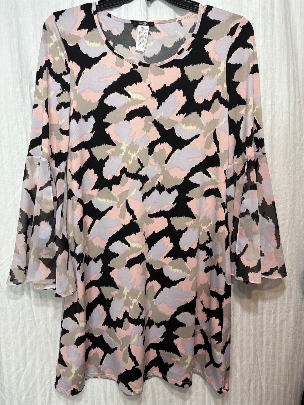 MSK Pink, Black & Gray Abstract Bell-Sleeve Tunic Top